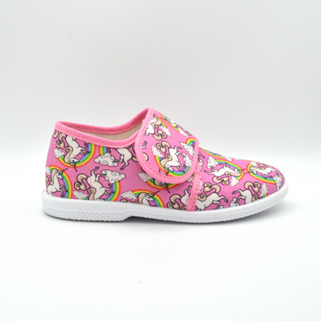 Coccole | Slip on in tela con velcro rosa e unicorni