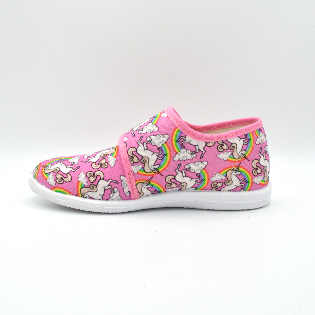 Coccole | Slip on in tela con velcro rosa e unicorni