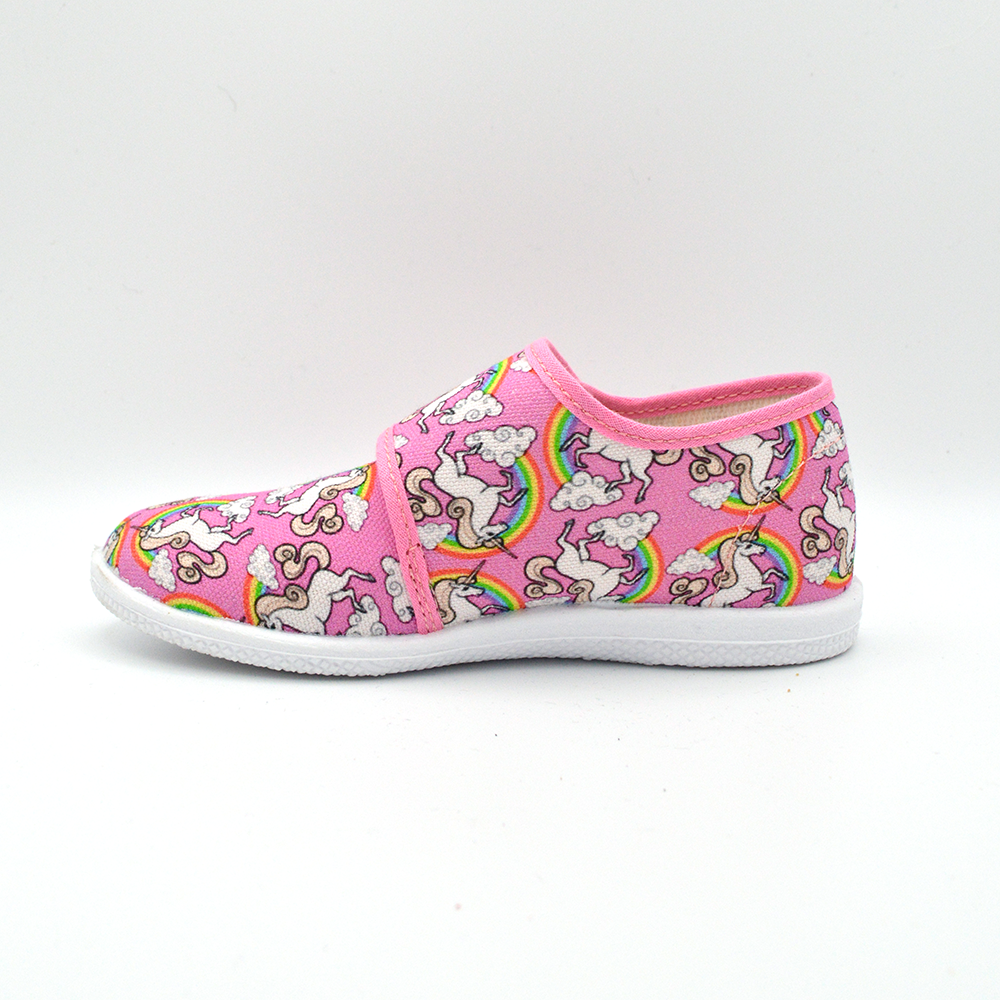 Coccole | Slip on in tela con velcro rosa e unicorni