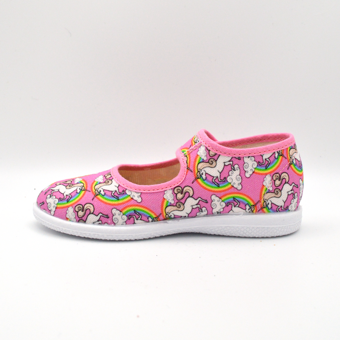 Coccole | Sandalo in tela con velcro rosa e unicorni