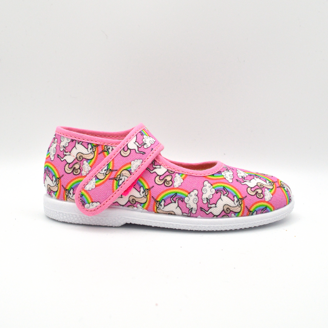 Coccole | Sandalo in tela con velcro rosa e unicorni