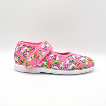 Coccole | Sandalo in tela con velcro rosa e unicorni