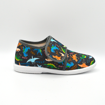 Coccole | Slip on in tela con velcro blu con dinosauri