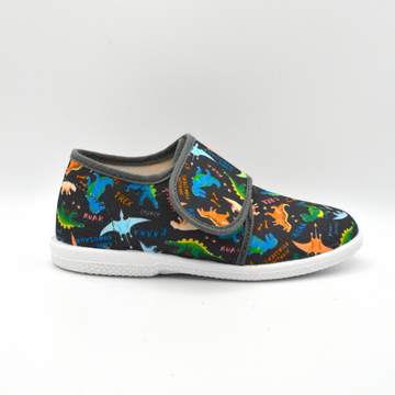 Coccole | Slip on in tela con velcro blu con dinosauri