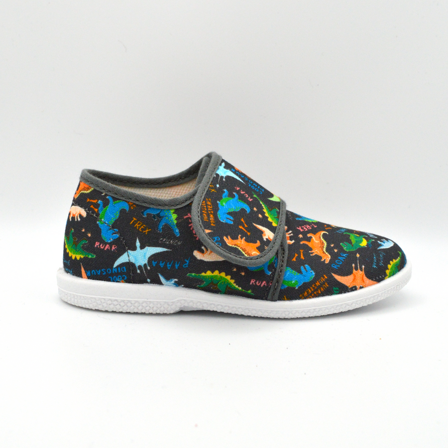 Coccole | Slip on in tela con velcro blu con dinosauri