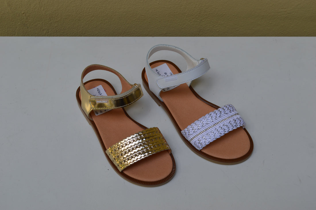 Sandalo Pablosky Glamour - Fascia Intrecciata Lurex (Oro e Bianco)