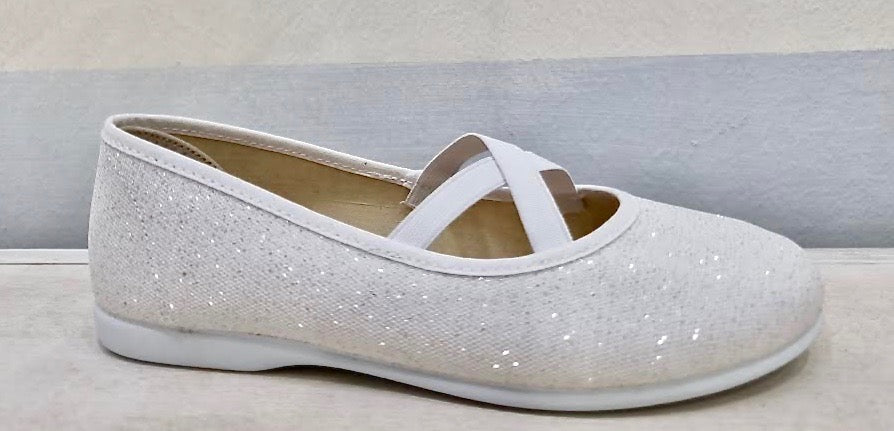 BATILAS glitter cotton ballet flats with silver, white, ecru elastic