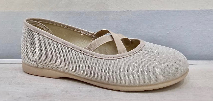 BATILAS glitter cotton ballet flats with silver, white, ecru elastic