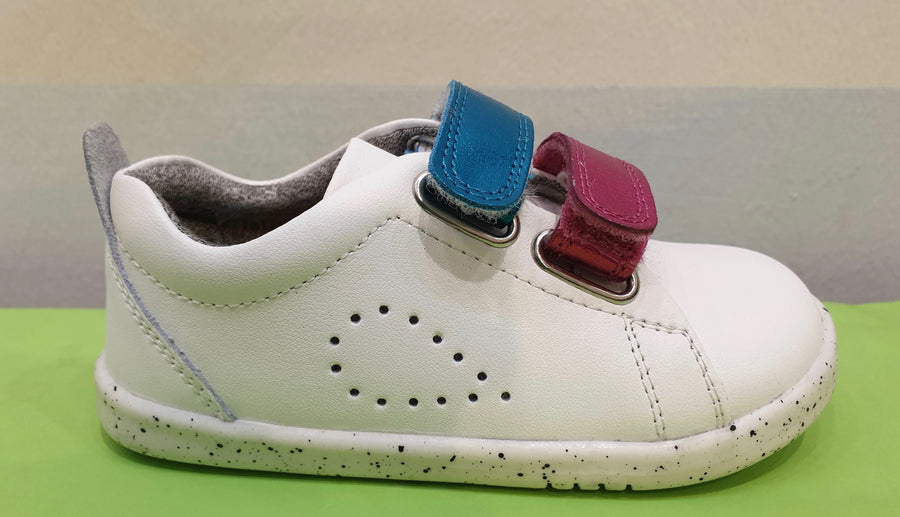 BOBUX GRASS COURT leather shoe with white, blue, red interchangeable velcro straps.