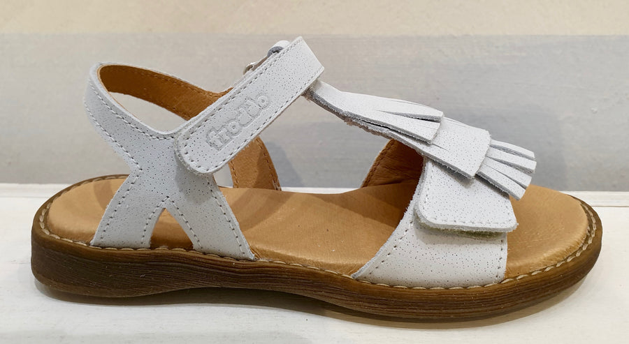 FRODDO white leather sandal with velcro and fringes