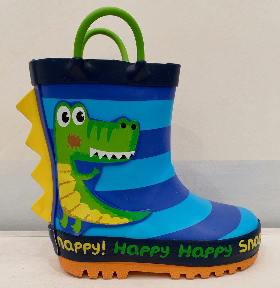 BOBUX rain boots in blue, yellow, crocodile, unicorn, fish, rocket rubber.