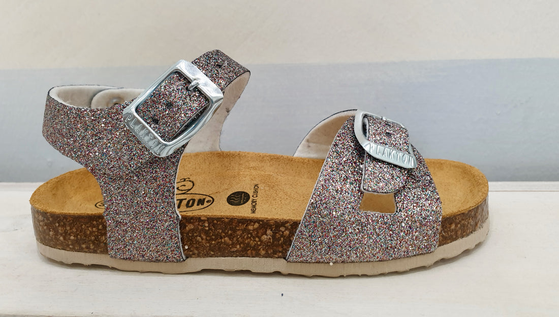 PLAKTON sandal with two buckles white or multi glitter