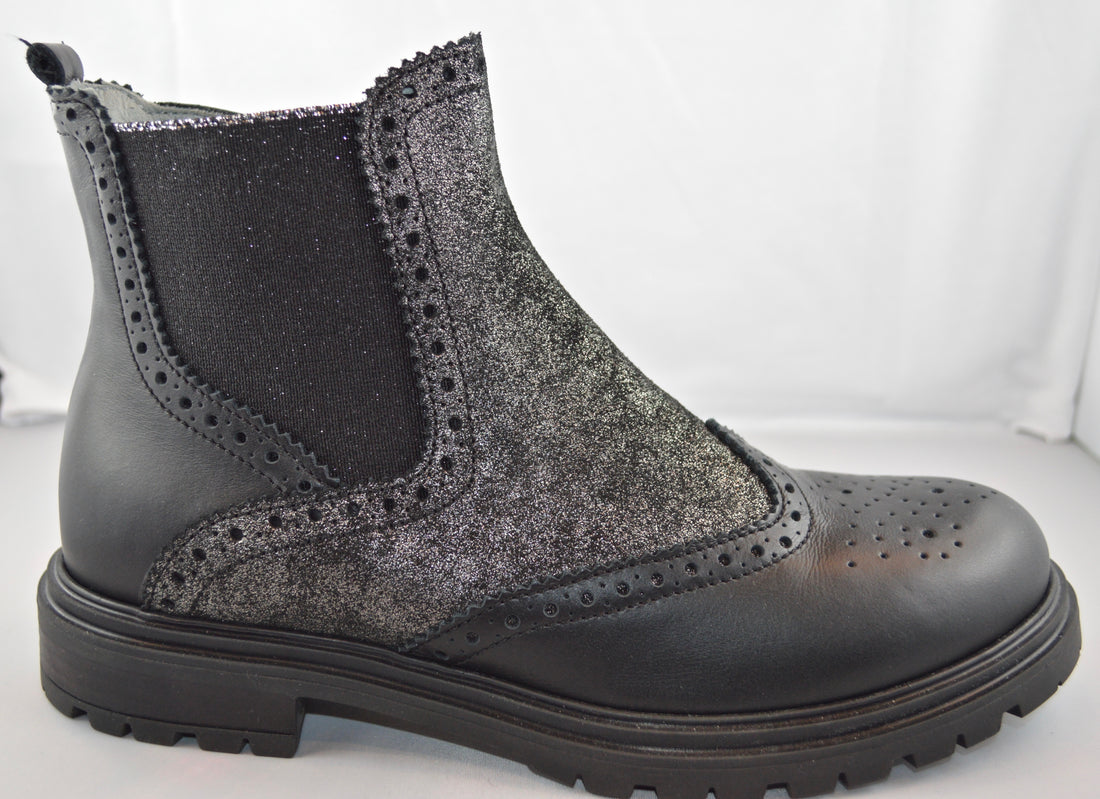 Black and glitter leather ankle boot